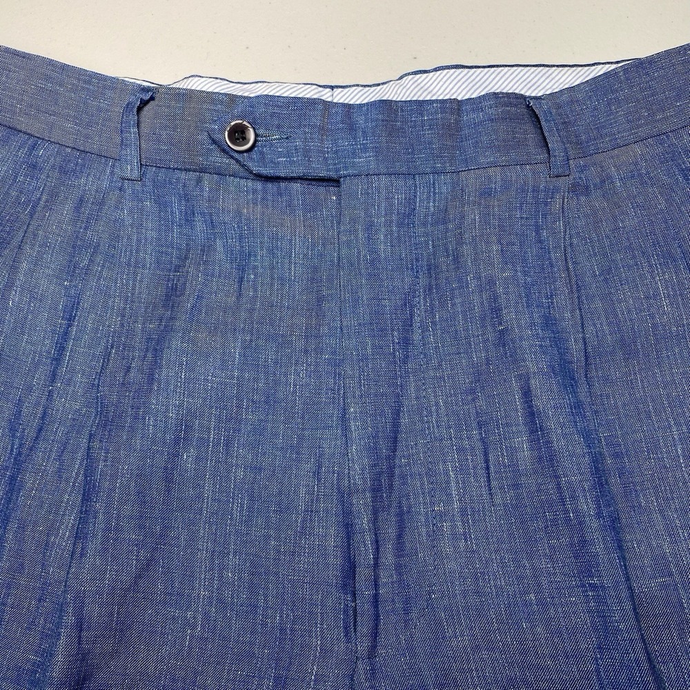 Coppley Dress Trousers 35R (37x31 Cuffed) Linen Wool Silk Pleated Blue Old Money